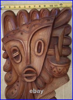 Luis Potosi Wood Carving Plaque 1995 Ecuador Abstract Musical Mask Art Vintage