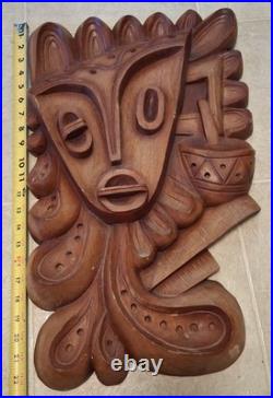 Luis Potosi Wood Carving Plaque 1995 Ecuador Abstract Musical Mask Art Vintage