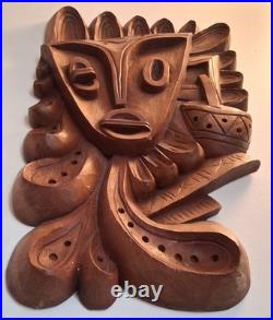 Luis Potosi Wood Carving Plaque 1995 Ecuador Abstract Musical Mask Art Vintage