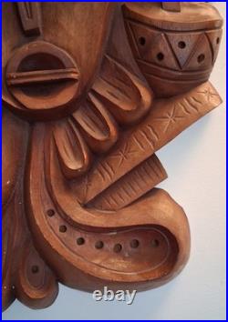 Luis Potosi Wood Carving Plaque 1995 Ecuador Abstract Musical Mask Art Vintage