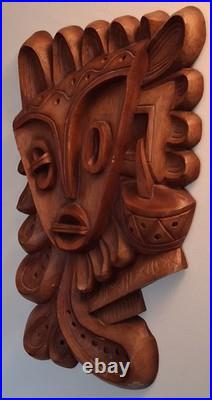 Luis Potosi Wood Carving Plaque 1995 Ecuador Abstract Musical Mask Art Vintage