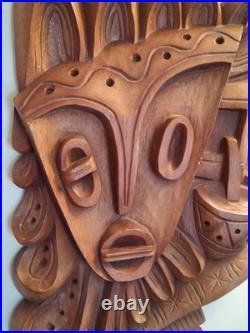Luis Potosi Wood Carving Plaque 1995 Ecuador Abstract Musical Mask Art Vintage