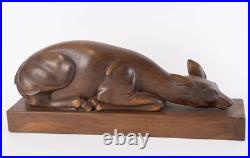 Lying Deer Wood Sculpture Art Deco in Walnut Vintage Antique