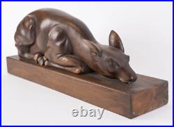 Lying Deer Wood Sculpture Art Deco in Walnut Vintage Antique