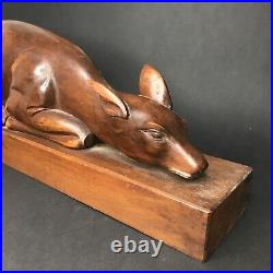 Lying Deer Wood Sculpture Art Deco in Walnut Vintage Antique