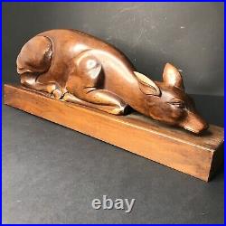 Lying Deer Wood Sculpture Art Deco in Walnut Vintage Antique