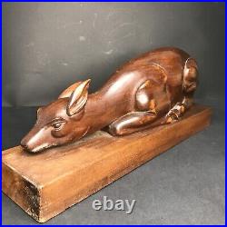 Lying Deer Wood Sculpture Art Deco in Walnut Vintage Antique