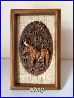 MCM Vintage Thai Miniature Elephant Carving on Jute in Teak Frame