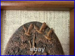 MCM Vintage Thai Miniature Elephant Carving on Jute in Teak Frame