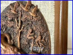 MCM Vintage Thai Miniature Elephant Carving on Jute in Teak Frame