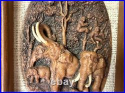 MCM Vintage Thai Miniature Elephant Carving on Jute in Teak Frame