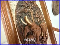 MCM Vintage Thai Miniature Elephant Carving on Jute in Teak Frame