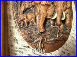 MCM Vintage Thai Miniature Elephant Carving on Jute in Teak Frame