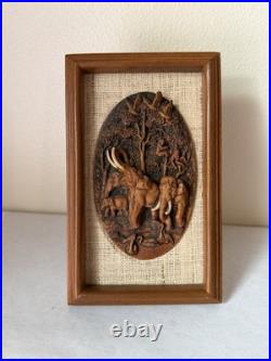 MCM Vintage Thai Miniature Elephant Carving on Jute in Teak Frame