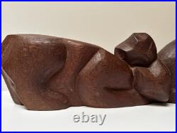 MID Century Cat Kitten Sculpture Large Wood Carving Vintage 1950's Modernist