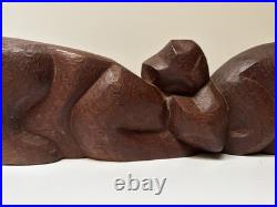 MID Century Cat Kitten Sculpture Large Wood Carving Vintage 1950's Modernist