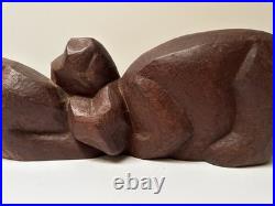 MID Century Cat Kitten Sculpture Large Wood Carving Vintage 1950's Modernist