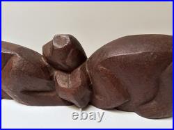 MID Century Cat Kitten Sculpture Large Wood Carving Vintage 1950's Modernist