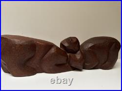 MID Century Cat Kitten Sculpture Large Wood Carving Vintage 1950's Modernist