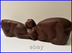 MID Century Cat Kitten Sculpture Large Wood Carving Vintage 1950's Modernist