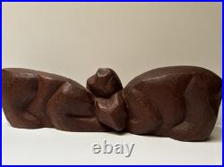 MID Century Cat Kitten Sculpture Large Wood Carving Vintage 1950's Modernist