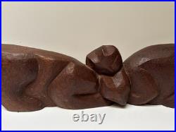 MID Century Cat Kitten Sculpture Large Wood Carving Vintage 1950's Modernist
