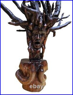 Medusa Gorgona Vintage Dark Brown Handmade Wood Roots Carved Art Figure