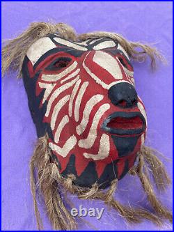 Mexican Folk Art Vintage Tribal Striped Goat Mask With Hair From Sonora