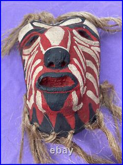 Mexican Folk Art Vintage Tribal Striped Goat Mask With Hair From Sonora