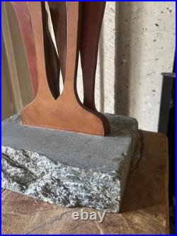Mid Century Brutalist Stone & Wood Sculpture Abstract Vintage Modernist Art