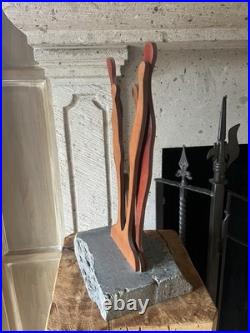 Mid Century Brutalist Stone & Wood Sculpture Abstract Vintage Modernist Art