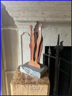 Mid Century Brutalist Stone & Wood Sculpture Abstract Vintage Modernist Art