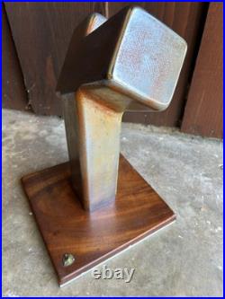 Mid Century Cubist Chrome Metal Wood Abstract Sculpture Vintage Signed