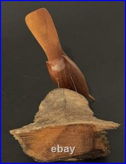 Mid Century Folk Art Carved Wood Bird Sculpture on Driftwood Vintage Figure 8