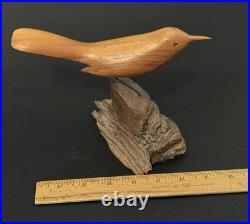 Mid Century Folk Art Carved Wood Bird Sculpture on Driftwood Vintage Figure 8
