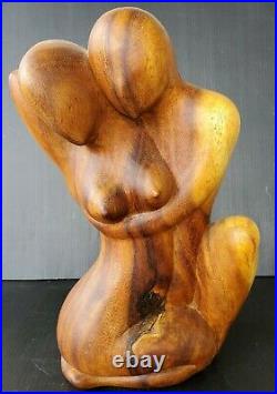 Mid-Century Modern Vintage Hand-Carved Wood Sculpture Nude Male Female Lovers