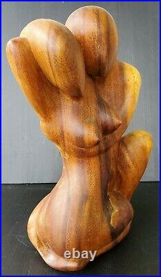 Mid-Century Modern Vintage Hand-Carved Wood Sculpture Nude Male Female Lovers