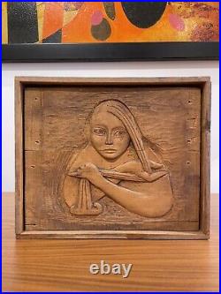 Mid Century Modern Wood Carving Art Signed Modernist Woman Vintage 1950s