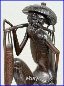 Mid-Century Vintage Balinese Hand-Carved Wood Villager Sculpture Artisan 12 in
