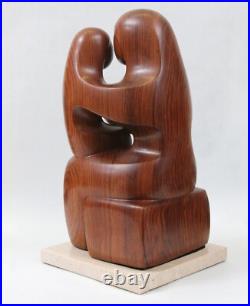 Modernist Cubist 15 Hand Carved Wood Sculpture Mother Child Marble Vintage MCM