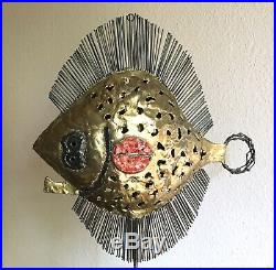 Modernist Emaus Gold Metal & Glass Flounder Fish Sculpture, 1960s Mexico Vintage