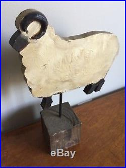 Nancy Thomas Folk Art Vintage Wooden Sculpture Sheep/Ram on Block & Stand Signed
