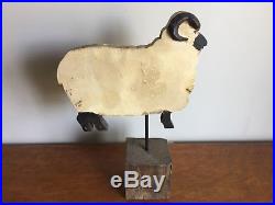 Nancy Thomas Folk Art Vintage Wooden Sculpture Sheep/Ram on Block & Stand Signed