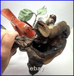 Norman Brumm Enamel on Copper Cardinal & Dogwood Large Sculpture Burl Wood VTG