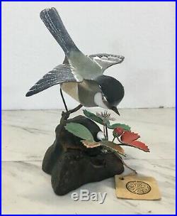 Old Norman Brumm Chickadee Bird W Strawberry Enamel Copper On Wood Sculpture