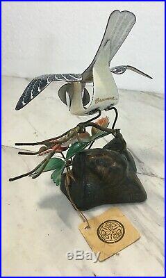 Old Norman Brumm Chickadee Bird W Strawberry Enamel Copper On Wood Sculpture