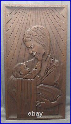 Old Vintage Mid Century Modern Hand Carved Wood Wall Plaque Mother And Child MCM