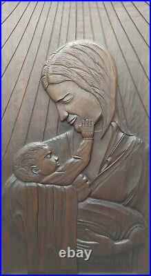 Old Vintage Mid Century Modern Hand Carved Wood Wall Plaque Mother And Child MCM