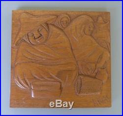Old vintage Mexican bas relief wood carving plaque by ARIAS 9 3/8 x 9 3/4