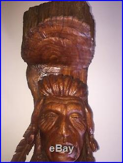 Original Bob Lundy Signed 1986 Carved Wood Indian Art Sculpture Amazing
